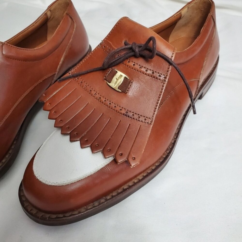 Salvatore Ferragamo SPORT Vintage Leather Kiltie Golf Shoes - Tan & White - Picture 3 of 12